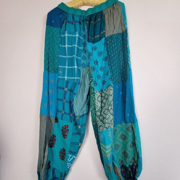 Women's Boho Patchwork Cropped Harem Pants Elastic Waist Rayon Turquoise Green - Picture 2 of 9